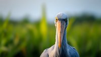 Close up portrait of majestic shoebill stork with large distinctive beak against blurred natural green background, wildlife photography in natural habitat.