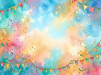 Colorful watercolor celebration background with rainbow gradient washes, festive bunting flags, and confetti splashes. Soft pastel tones blend across canvas for party, event, and design projects.