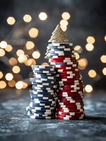 Stacked poker chips in red, white, and blue with golden Christmas tree topper against blurred bokeh lights for holiday gambling concept.