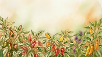 Colorful chili pepper plants with ripening red, yellow, and orange fruits arranged in a garden border design on soft watercolor background, suitable for culinary and agricultural content.