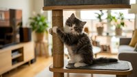 Fluffy tabby and white kitten playing on wooden cat tree with gray fabric platform in bright living room with houseplants and furniture.