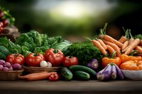 Fresh organic vegetables arranged on wooden table with leafy greens, tomatoes, carrots, eggplant and herbs for healthy cooking and farm-to-table meals.