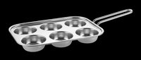 Stainless steel muffin pan with six cups and long handle, isolated on transparent background. Ready for kitchenware design, print-on-demand, sublimation, and culinary clipart projects.