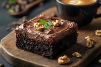 Moist chocolate brownie square topped with rich chocolate frosting, decorated with walnuts and mint leaf on wooden board, coffee cup and scattered beans in background.