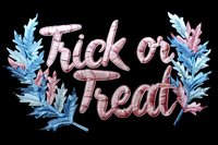 Pink and blue watercolor style trick or treat lettering with decorative leaves on black background, seasonal halloween greeting design for cards and decorations.