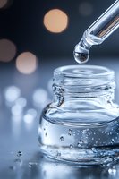 Clear liquid drop falling from glass dropper into transparent bottle with water splashes and bokeh lights in background, macro photography in cool blue tones.