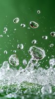 Crystalline water droplets splashing against green background, creating dynamic motion and transparent bubbles for fresh beverage advertising.