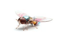 Mechanical steampunk fly with copper and brass elements, transparent wings, and colorful metallic details on white background, isolated for creative design projects.
