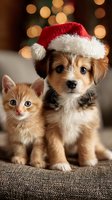 Adorable puppy wearing Santa hat sitting next to orange kitten with warm bokeh lights creating festive Christmas holiday atmosphere for seasonal greetings.