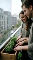 Young couple tending to fresh herbs in wooden planter on rainy apartment balcony overlooking urban cityscape, sharing gardening hobby and domestic lifestyle moment together.