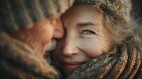Elderly Caucasian woman with gray curly hair and blue eyes smiling warmly while wrapped in cozy knitted scarf during cold weather season.