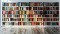 Large white built-in bookshelf filled with colorful books arranged by spectrum creates rainbow effect against white wall, rustic wooden floor adds warmth to modern library space.