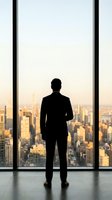 Businessman silhouette standing at office window overlooking city skyline at sunset. Corporate executive contemplating urban landscape from high-rise building.