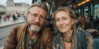 Happy mature Caucasian couple enjoying romantic evening at outdoor cafe terrace with warm lighting and urban background for lifestyle content.
