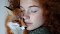 Young redhead woman with freckles cuddling red fox in peaceful intimate moment. Wildlife photography concept for nature connection and animal bonding themes.