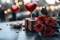 Romantic composition with red roses, heart-shaped decorations and gift box on dark background with soft bokeh lights, creating intimate Valentine's Day atmosphere.