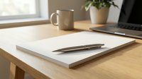 Clean minimalist workspace with blank paper notebook and pen on wooden desk beside laptop computer for creative writing and business planning.