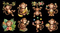 Playful brown monkeys in various poses with tropical leaves, fruits, and playful expressions, isolated on transparent background. Ready for t-shirts, stickers, clipart, sublimation, and print-on-demand designs.