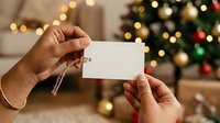 Close-up of two hands exchanging a blank white card or gift certificate during holiday season with decorated tree and warm lights in background.