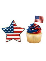 Patriotic star-shaped cookie with flag stripes and cupcake with red, white, blue frosting topped with flag. Isolated clipart for Fourth of July designs, bakery graphics, holiday decorations, and celebration projects.