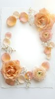 Elegant floral frame with peach roses, ranunculus flowers and baby's breath on white textured paper background for wedding invitations and romantic designs.
