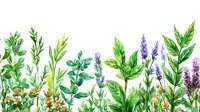 Watercolor meadow herbs and wildflowers on white background, botanical arrangement with lavender, green leaves and yellow blooms. Seamless border pattern.