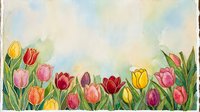 Watercolor tulip garden border with colorful spring flowers in pink, red, yellow and orange on soft pastel sky background for cards.