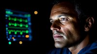 Young Hispanic businessman looking at glowing trading charts in dark office, dramatic side lighting highlights determined expression, monitoring market data.