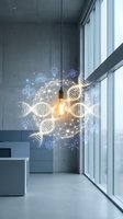 Modern office interior with glowing DNA helix and scientific icons floating around illuminated light bulb representing innovation and biotechnology research.
