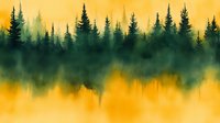 Atmospheric watercolor forest landscape with evergreen pine trees silhouettes reflected in water against golden sunset sky and misty background. Artistic nature scene.