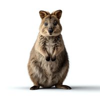 Quokka marsupial standing upright on white background, front view portrait of smiling Australian animal with brown fur, isolated for commercial design use.