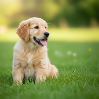 Adorable golden retriever puppy sitting on green grass in sunny park with tongue out and happy expression for pet care and family lifestyle content.