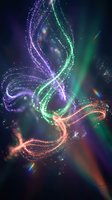 Abstract flowing particle streams in purple green and orange colors creating dynamic swirls with glowing effects and bokeh lights on dark background.
