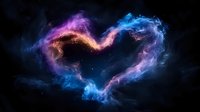 Cosmic heart-shaped nebula with vibrant purple, blue and orange gas clouds against starry space background for romantic astronomy designs.