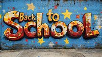 Colorful graffiti text reading Back to School on blue brick wall with decorative yellow stars and red accents, urban street art style for education themes.