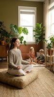 Mother practicing mindfulness meditation while children play quietly in cozy living room filled with houseplants and natural light streaming through windows.
