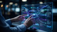 Business professional analyzing complex data visualization on futuristic holographic display with network connections and analytics dashboard interface.