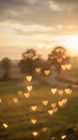 Golden sunset landscape with heart-shaped bokeh lights floating over blurred countryside field and trees creating romantic dreamy atmosphere.