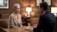 Senior woman with gray hair and man in business suit having professional meeting in modern office with warm lighting and wooden interior.