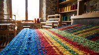 Colorful handwoven textile on traditional loom in artisan workshop with rainbow stripes pattern. Craft studio interior with weaving tools and materials.
