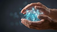 Protective hands cupping glowing digital network sphere with connected nodes representing cybersecurity, data protection and technology innovation concepts.