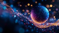 Abstract digital sphere with glowing particles and light trails on dark background for technology and science concepts.