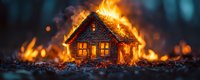 Miniature wooden house engulfed in dramatic flames against dark forest background, creating atmospheric scene with glowing embers and bokeh effect.