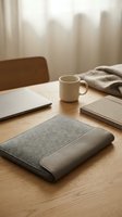 Gray fabric laptop sleeve on wooden desk with coffee mug, notebook and newspaper in warm morning light creating cozy workspace atmosphere.
