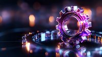 Glowing metallic gear wheel with purple neon light effect on dark reflective surface with bokeh background, representing industrial technology and innovation.