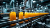 Fresh orange juice bottles on automated production line in modern beverage factory. Industrial food processing facility with conveyor belt system.