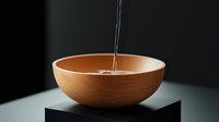 Water pouring into wooden bowl on dark surface creating minimalist zen composition for spa wellness meditation and natural lifestyle concepts.