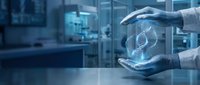 Hands holding glowing DNA helix hologram in modern laboratory environment, representing biotechnology, genetic research, and scientific innovation in healthcare and medicine.