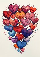 Colorful heart shapes arranged in cluster formation with layered doodle style design featuring pink, red, blue, and purple tones on light background. For Valentine's cards and love themes.