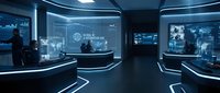 Futuristic command center with holographic displays and digital interfaces in blue tones. Modern control room for technology and data visualization concepts.